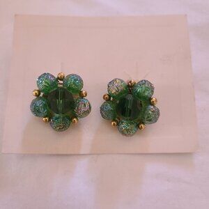 Vintage New Lisner Clip On Earrings Green Gold Cluster Beads 1950s